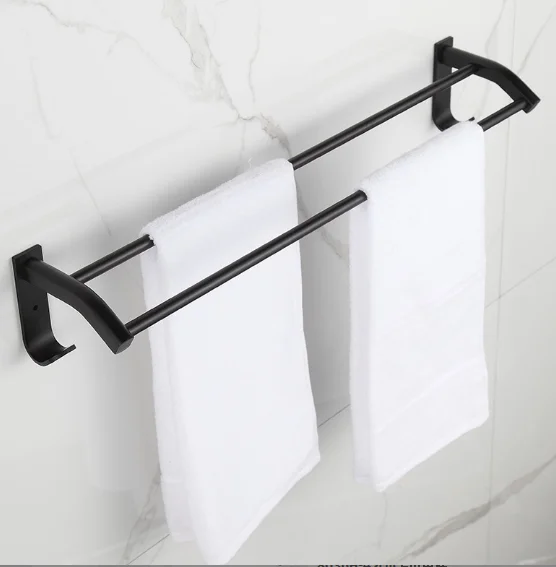 New Wall Mount Bathroom Accessory Aluminum Black Double Towel Bar Towel Rod Towel Rail with Hook