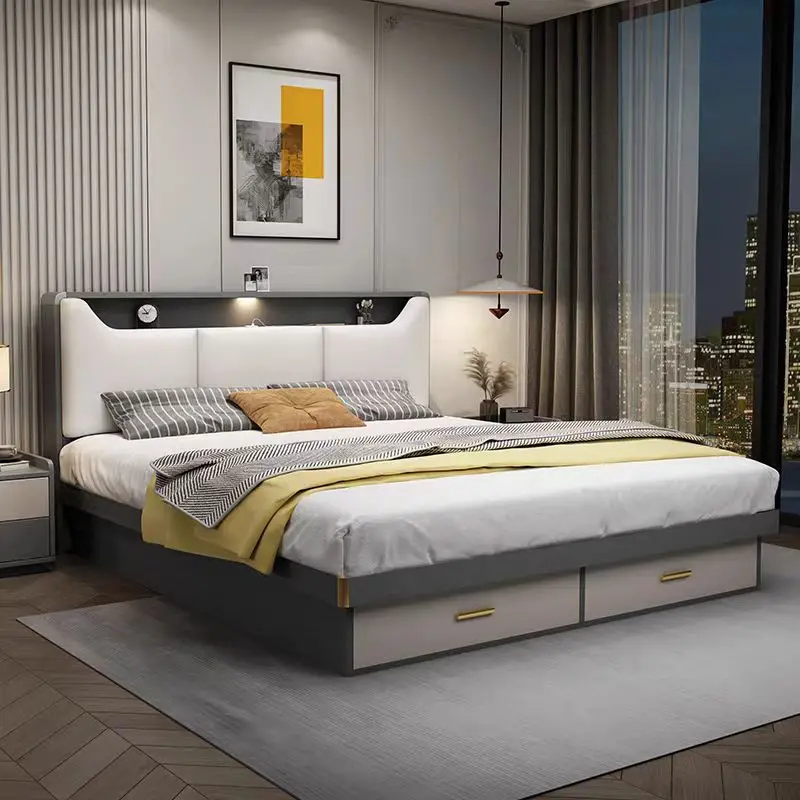 2024 New design light luxury soft fabric double bed hotel bedroom furniture solid wood bed frame king size upholstered beds