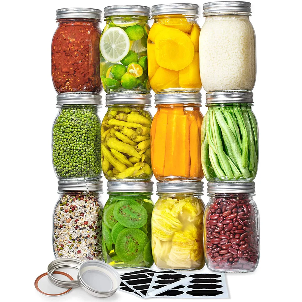 Wholesale custom 16 oz Glass Canning Jars with Metal Airtight Lids and Bands Regular Mouth Glass Mason Jars