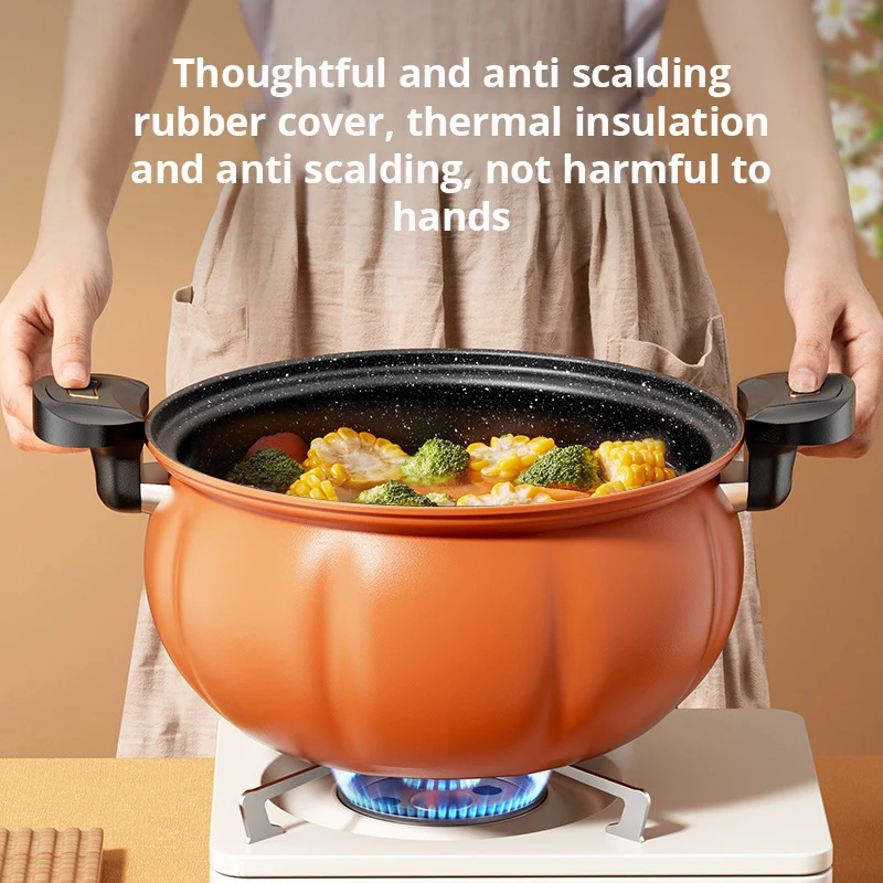 Household 8L Large Capacity Iron Micro Pressure Cooking Pot Double Ear Pumpkin Shaped Non-stick Coating Cookware Soup Stock Pot