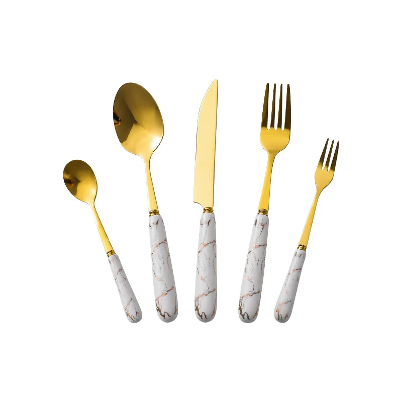 High Quality Tableware Western Steak Dark Green Gold Cutlery Five-piece Set with Ceramic Handle