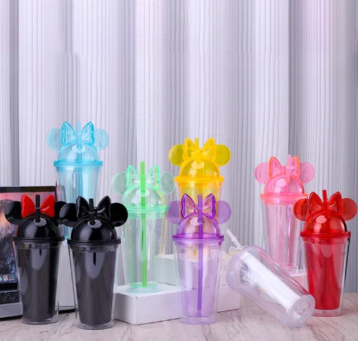 New Style 16oz Double Wall Plastic Cups with Straw and Dome Lid Reusable Acrylic Clear Mouse Ear Tumbler Ice Coffee Cup