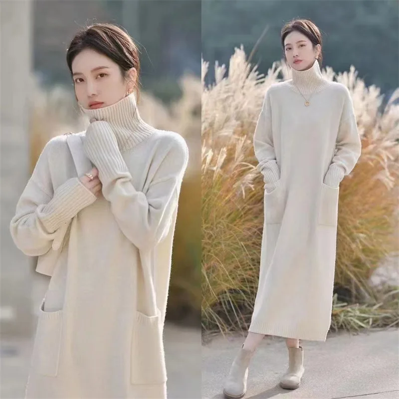2025 Spring New Arrival Fashion Lady High Heck Long Sleeve Super Long Slim Fit Women  Sweater Dress