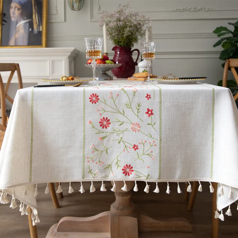 Polyester linen embroidery pastoral small flower tassel tablecloth rectangular coffee table tablecloth