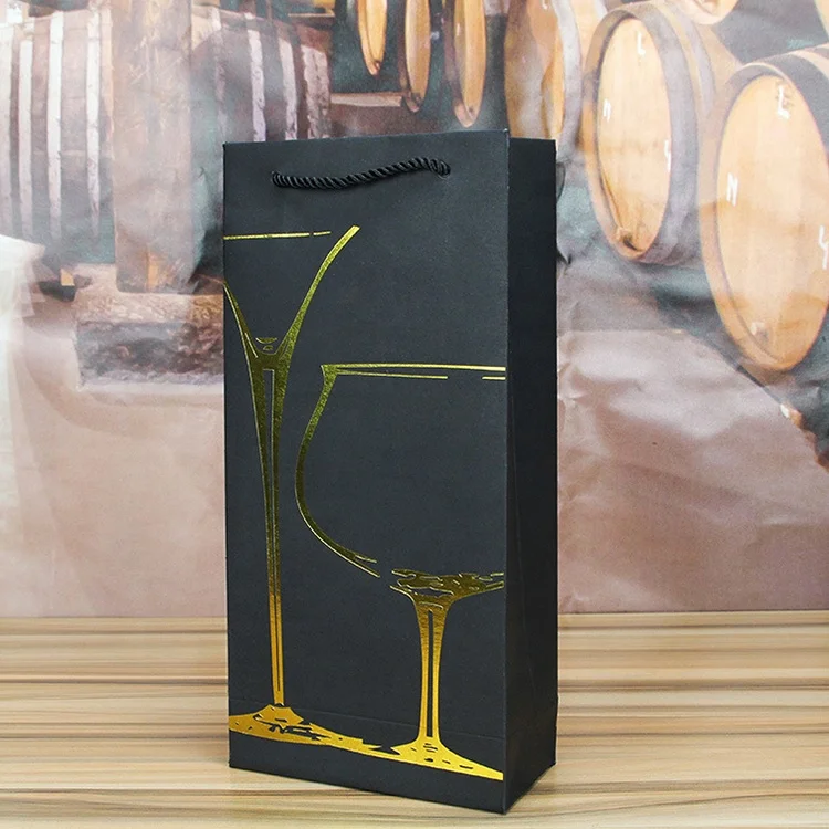 Factory direct sale black wine bags with handles Wholesale two bottle pack red wine paper bag