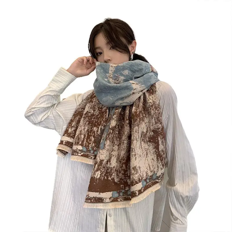 Autumn and winter Korean version of high painting style all warm shawl printed imitation cashmere floral scarf
