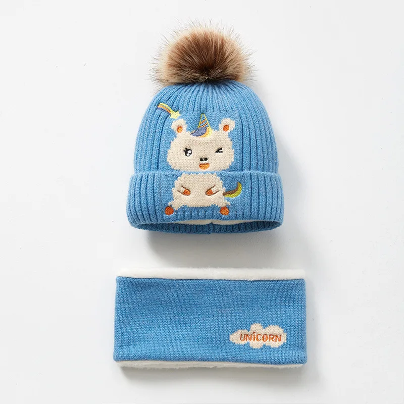 Wholesale Winter Kids Cartoon 100% Cotton Crochet Knitted Faux Fur Pom Pom Beanies Custom Label Toddle Baby Hats and Scarf Set