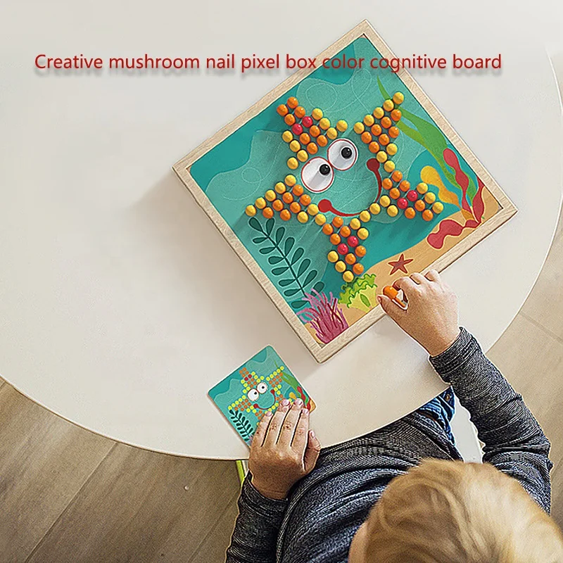 Kid Wooden Storage Box DIY Mosaic Peg Board Jigsaw Early Learning Toy Games 3D Mushroom Puzzles Set Nail Intelligent Puzzle Aids
