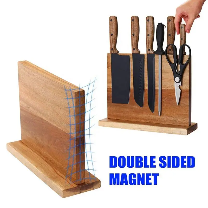 Double sides magnetic acacia wood storage block stand magnetic strip knife magnet holder wooden magnetic knife block