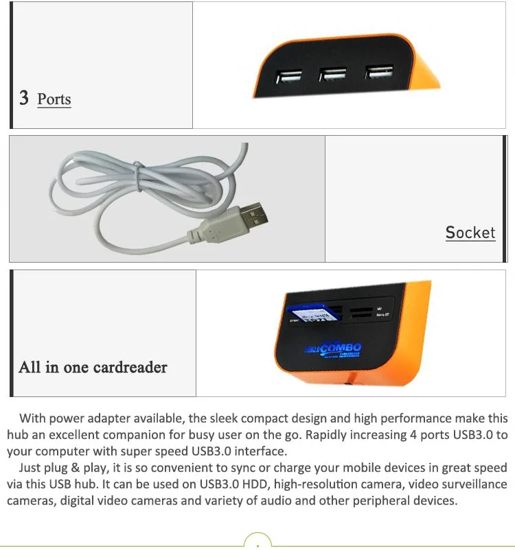 Hot Sell Top Supplier Colorful 3-Ports Usb Hub With Smart Usb 2.0 Card Reader USB2.0 5 in 1 Combo
