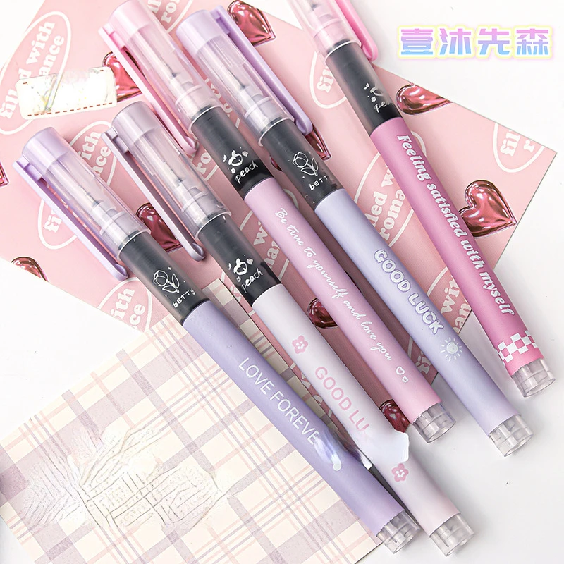 Macaron straight liquid neutral pen creative student 0.5mm black signature gel pen set 6 pieces