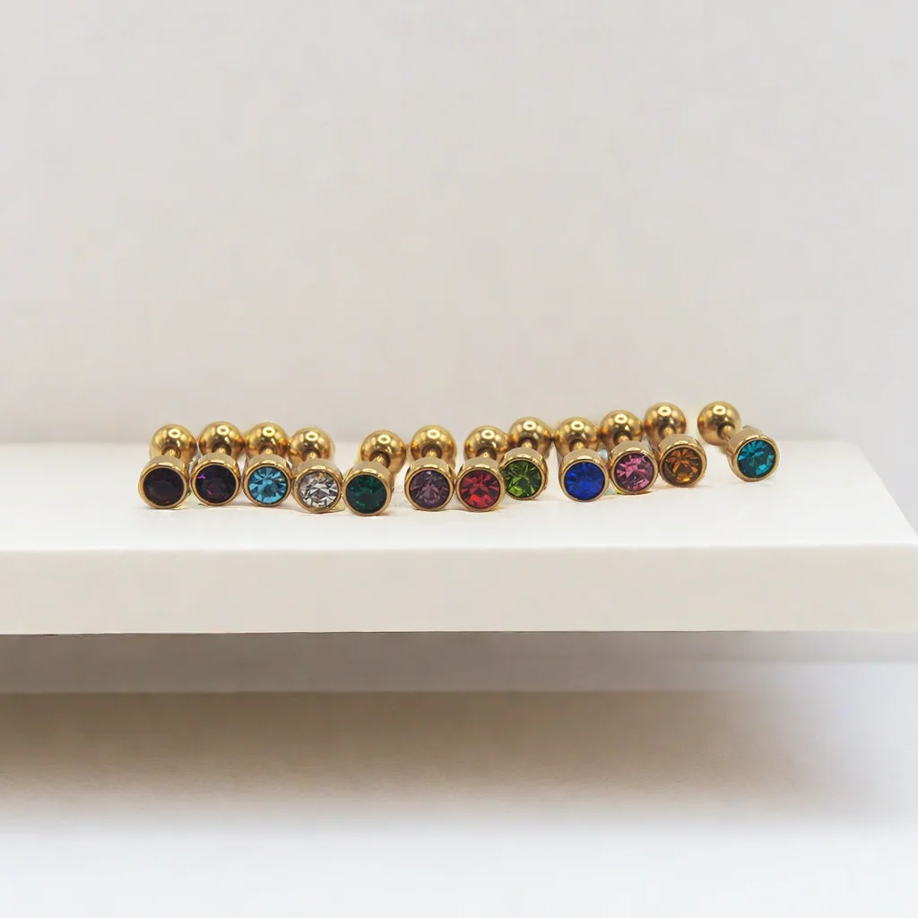 Korean Style Stainless Steel Ball  Lock  Earrings  Gold Plated Birthstone Allergy free Screw Back Stud Earrings For Children
