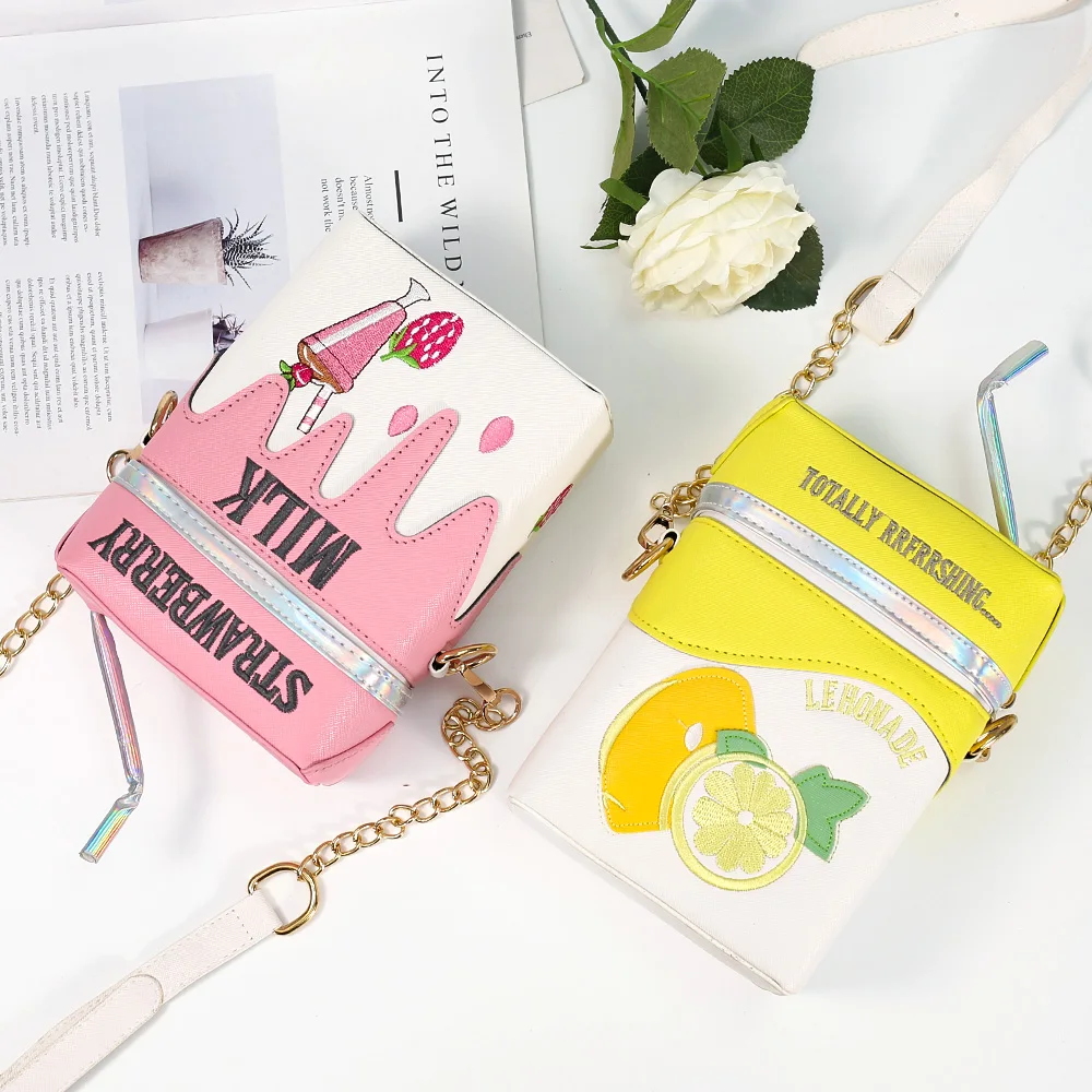 
 Milk Box Leather Square Casual Shoulder Cute Bag Small Purse Embroidered Strawberry Lemon Fruit Crossbody  Women Bags  
