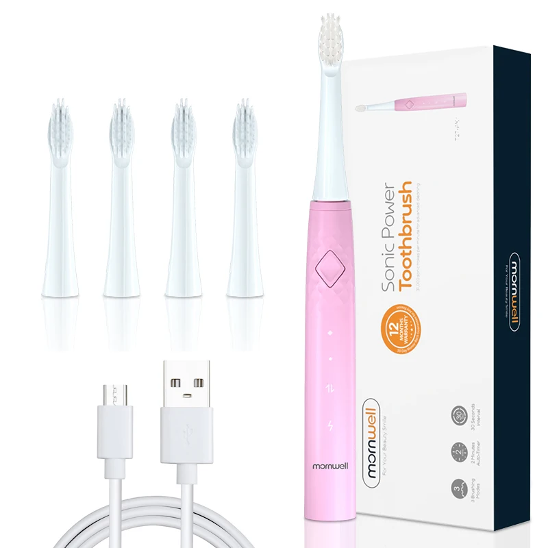 IPX7 Waterproof USB Charging 8 Replaceable Brush Heads T27 Mornwell Sonic Power Toothbrush Mini Whitening electric Toothbrushes