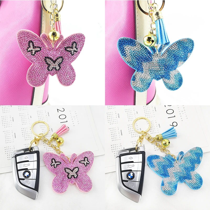 Creative Korean Velvet Diamond Butterfly Insect Keychain Pendant Tassel Bag Car Charm Flash Diamond Accessories