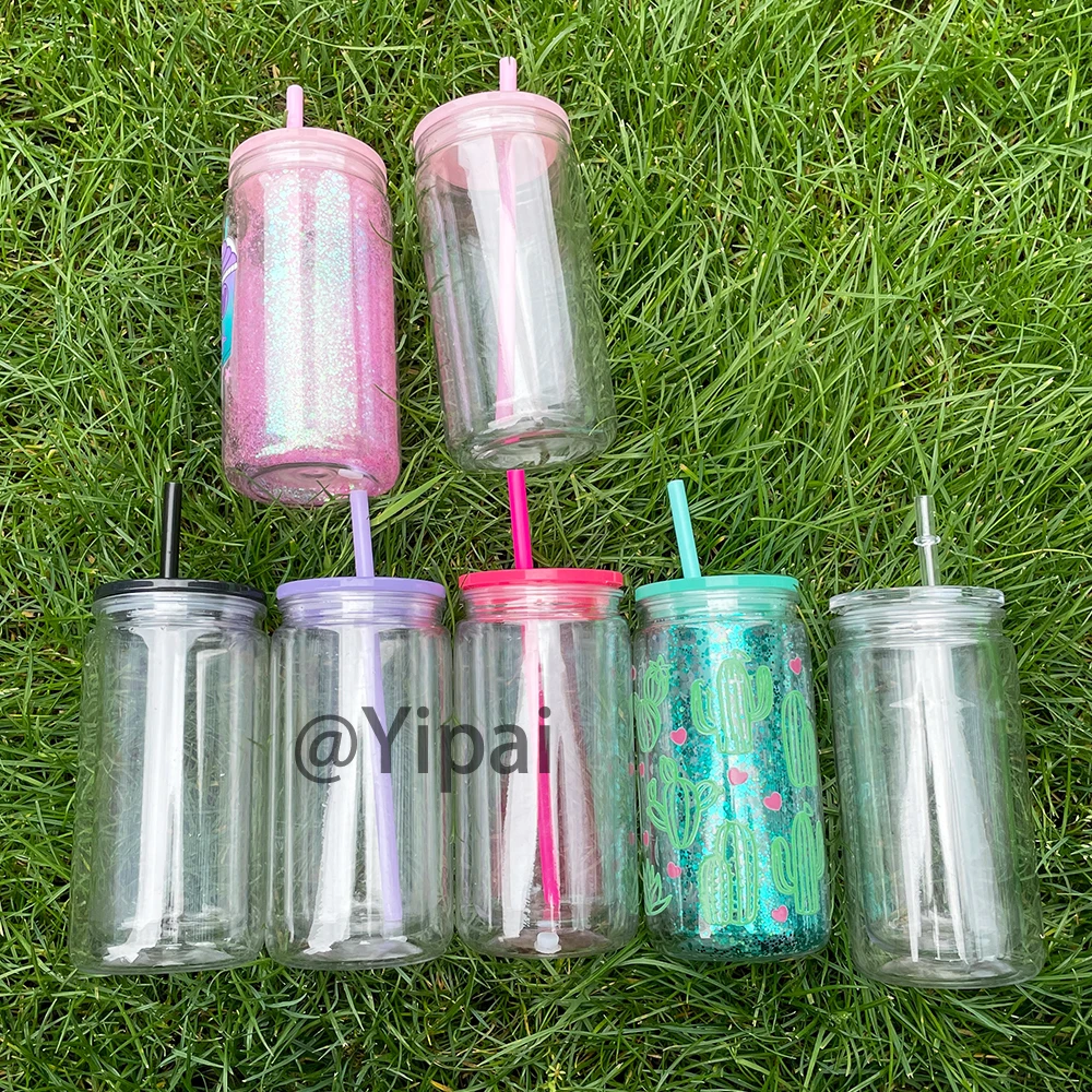 USA warehouse transparent 12oz double walled snow globe acrylic plastic beer soda can with hole and plug For DIY snow globe