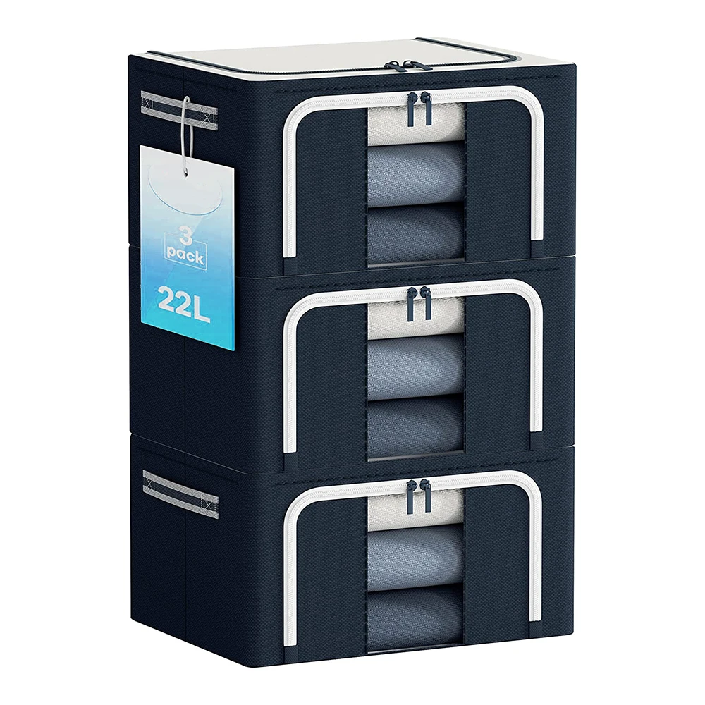3 PACK 40L Oxford Cloth Steel Frame Storage Box Storage Box Organizers Foldable Clear Window Reinforced Handles