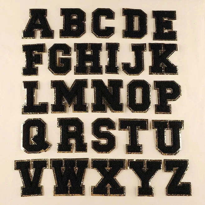 Neon Pink with Gold Border English Letter A-Z Iron On Adhesive Repair Alphabet Sewing Appliques Clothing Chenille Patch