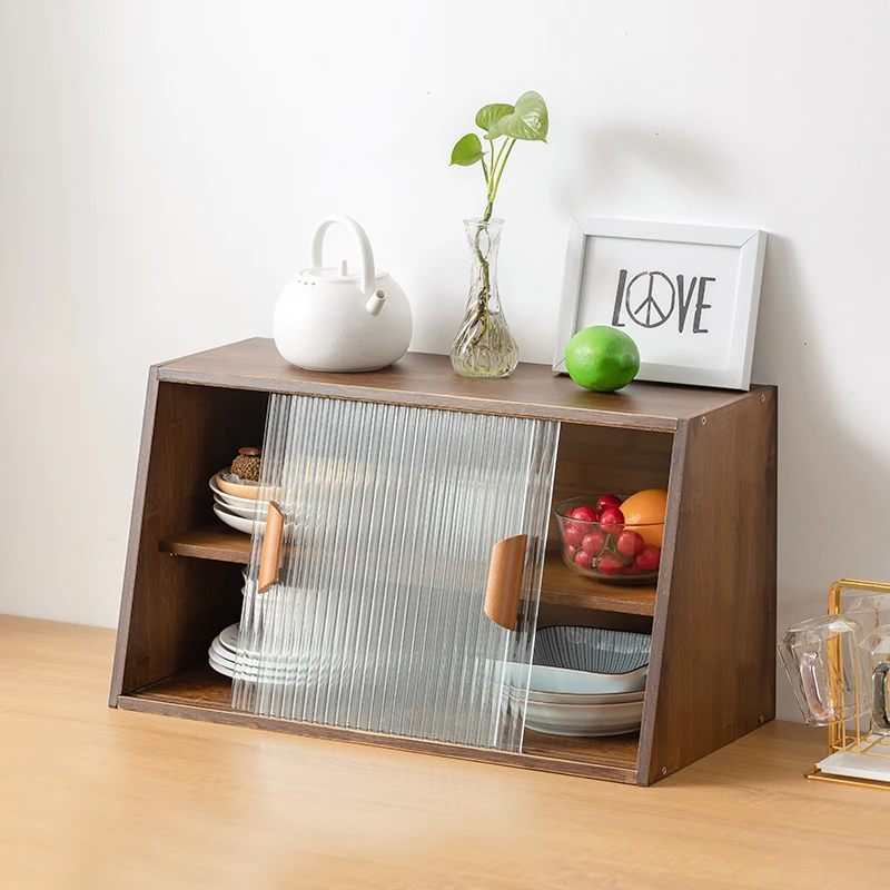 Multi-functional save space kitchen storage cabinet , reeded glass door Sideboard cabinet, bamboo kitchen shelf