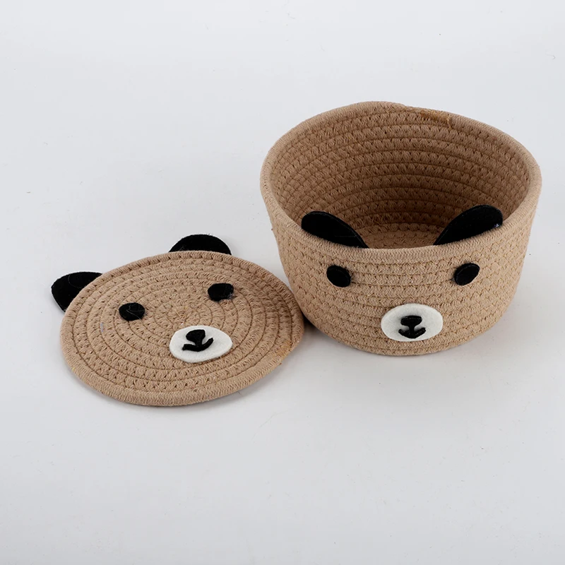 New handmade woven cute cotton rope storage basket woven baby cartoon toyts snack desktop storage basket with lid