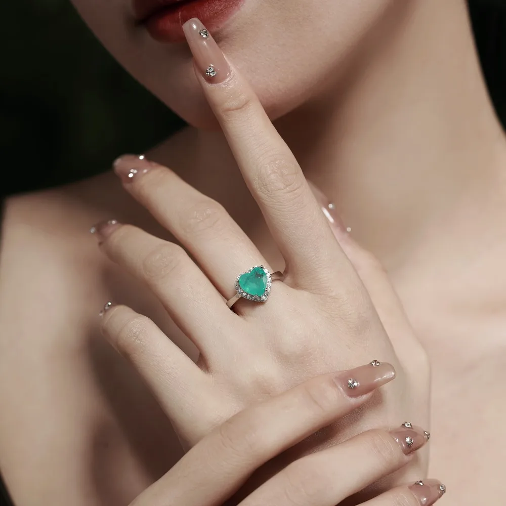 Dylam New Design Luxurious Jewelry S925 Silver Paraiba Teal Blue Heart Shape Eternity Band 5A Zirconia Promise Wedding Ring