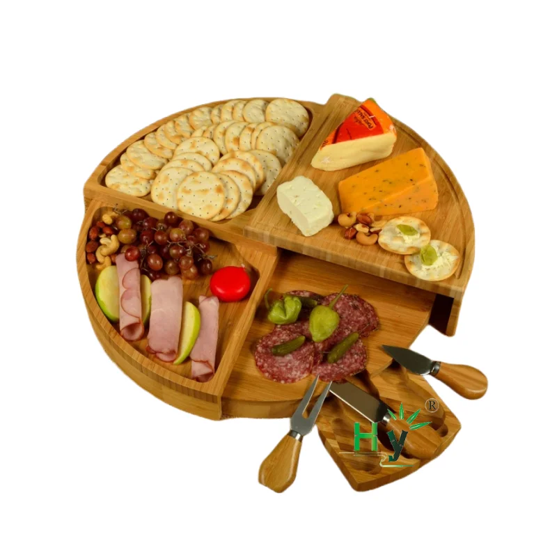 HONGHAO Wholesale Custom Round Shape Wood Cheese Platter Picnic Slide Out Drawer Bamboo Charcuterie Board With Cheese Knives