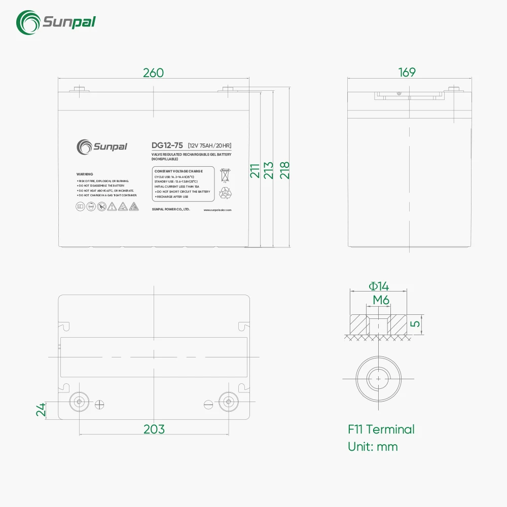 Sunpal Поглощенный стеклянный коврик Agm аккумулятор 12 В 75Ah свинцово-кислотный