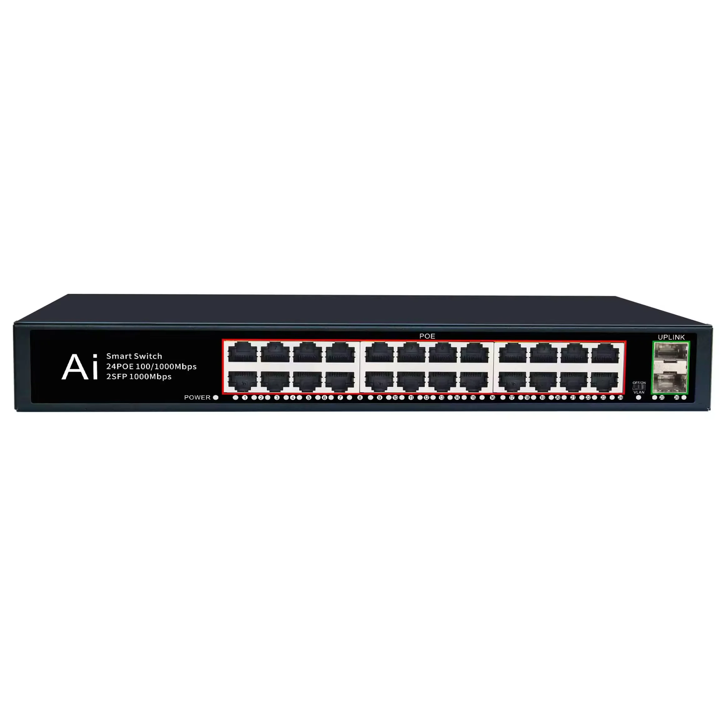 Manufacturer 24 ports PoE switch unmanaged 300W high power support VLAN default extend with 2 Gigabit uplink ports