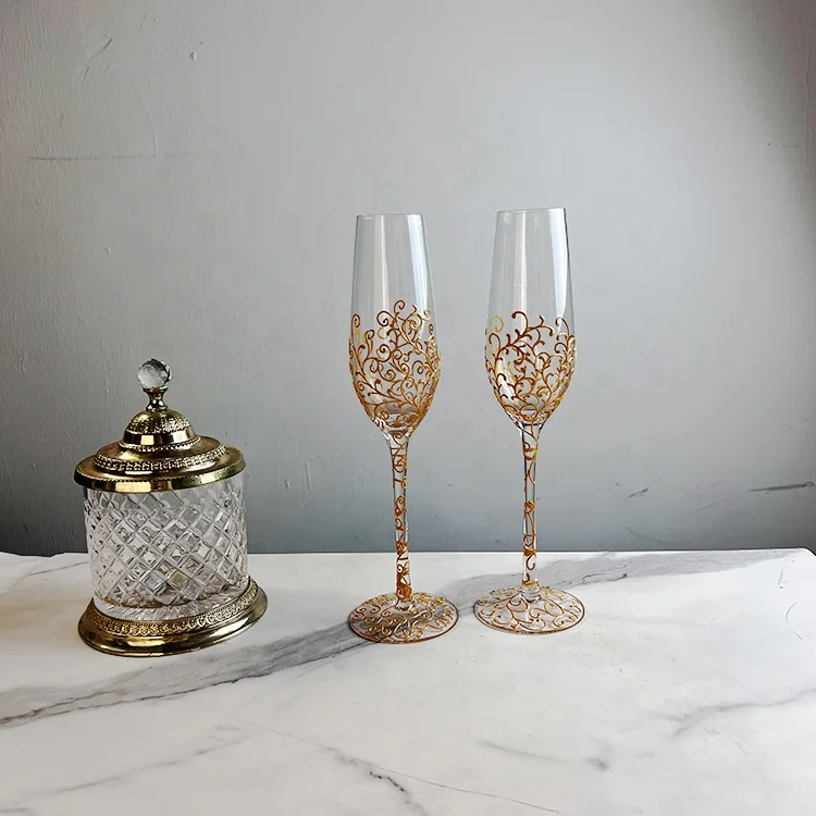 Handmade 200ml Gold Paintings Pattern Champagne Flutes Wedding Glasses Goblet