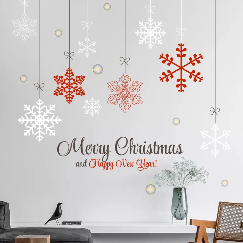 Merry Christmas White Red Snowflake Wall Sticker Creative Living Room Wallpaper Self Adhesive TV Background Decorative Decals