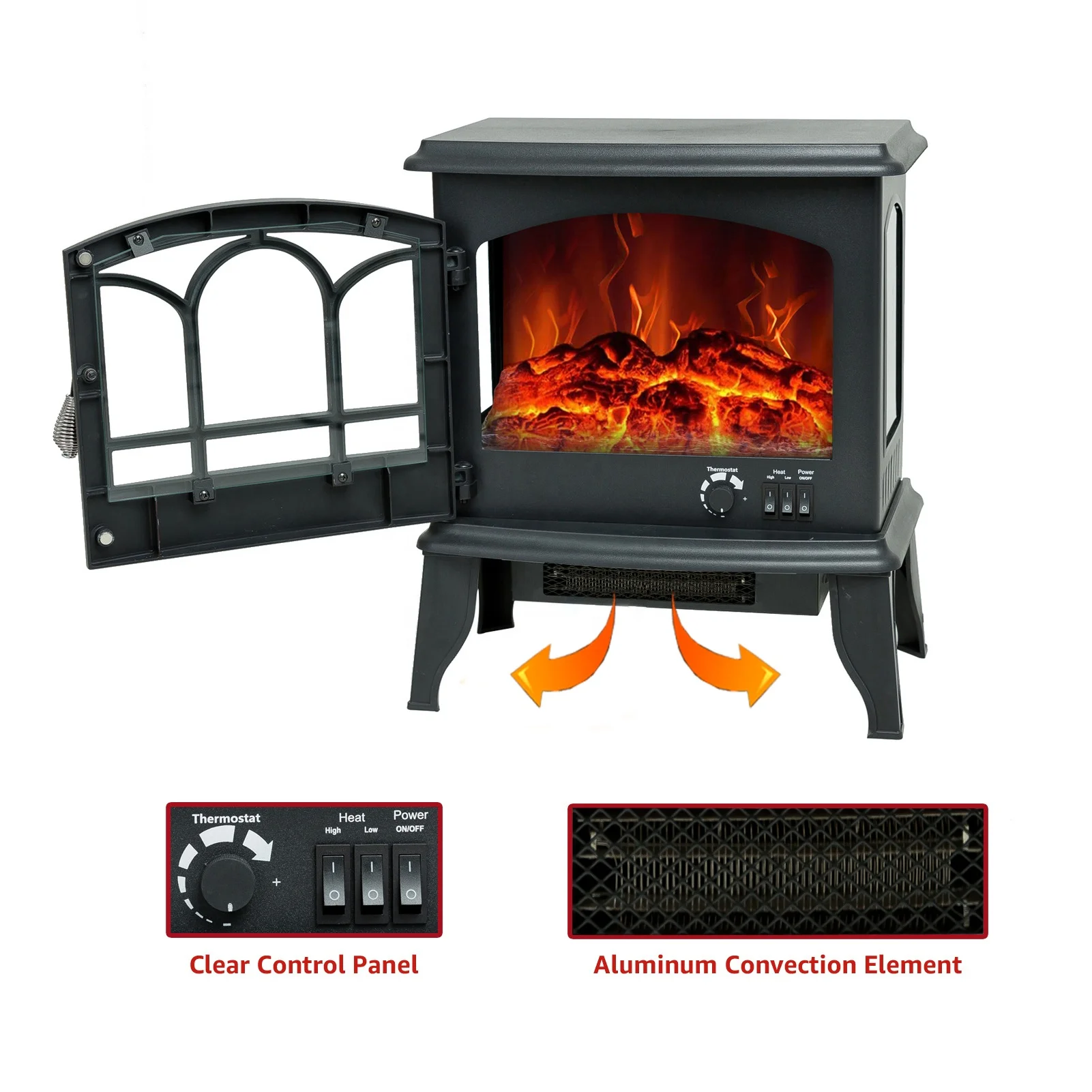 Electric Fireplace Stove Heater 3 Sides Visible Operable Door With Adjustable Thermostat Low High Heat Electric Flame
