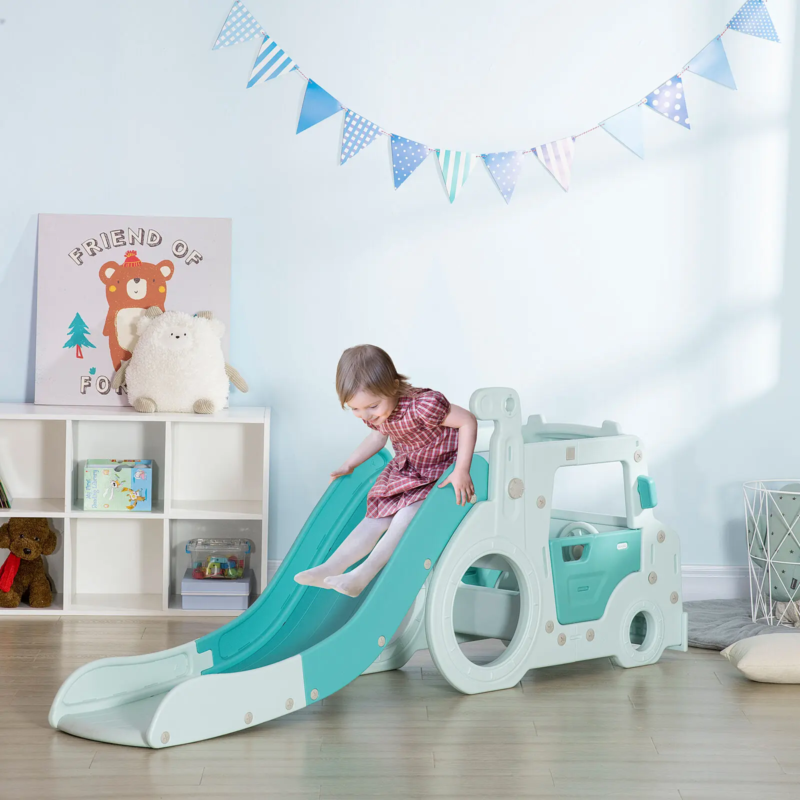 Children Indoor Playground Baby New Design Multifunctional Slide Toys Kids 4 in 1 Slide with Basketball Hoop Playhouse Slide