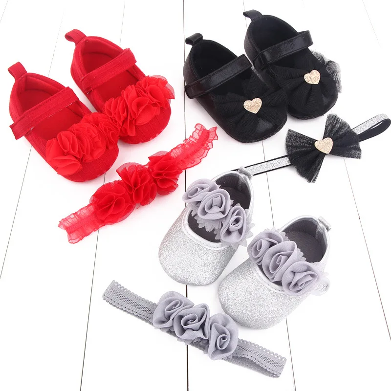 Wholesale 0-1 year old female princess shoes flower baby dress shoes headband suit infant baby girl shoes