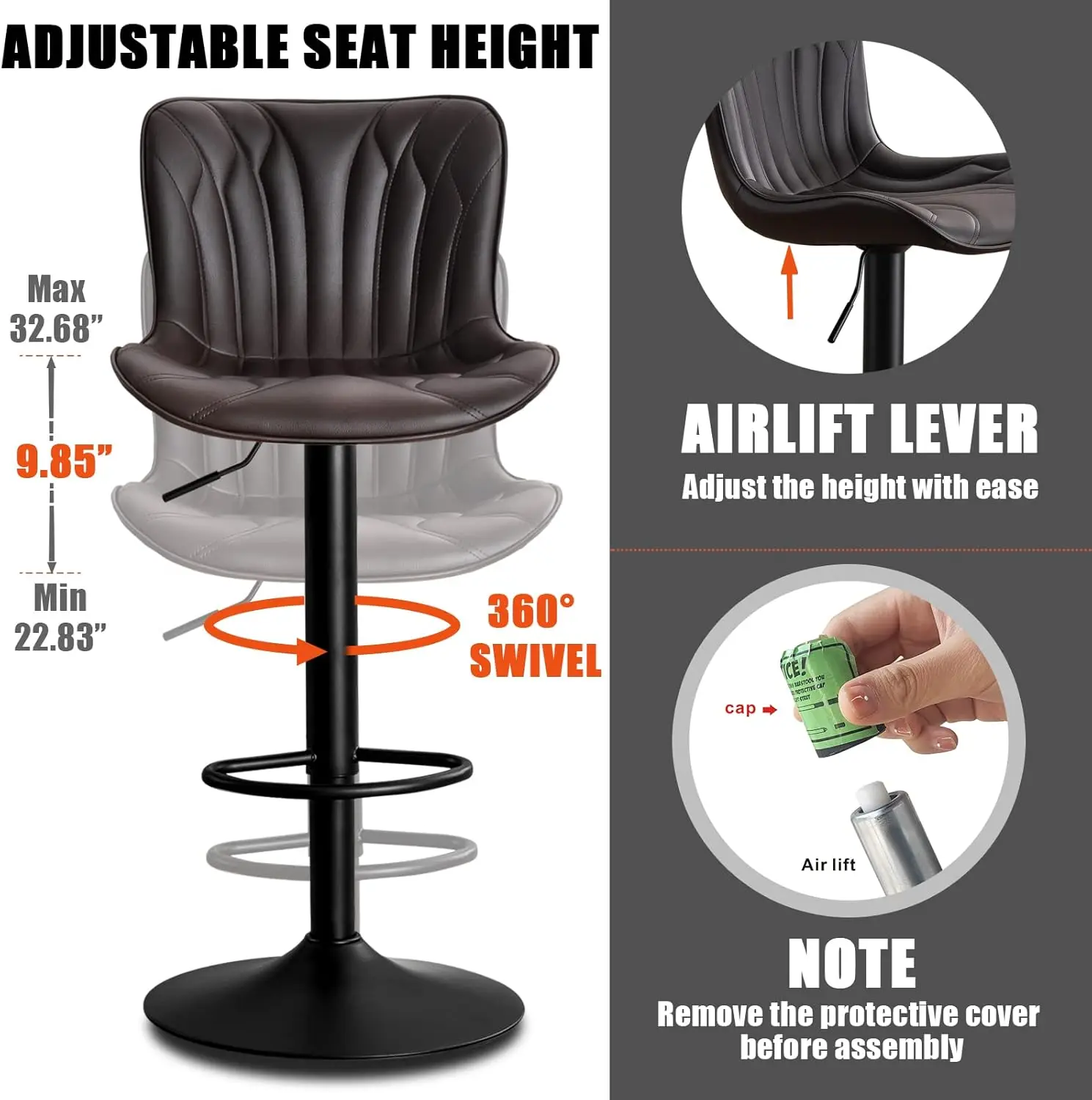 Easy to assemble Black Counter Height Bar Chair 24 Inch Metal Bar Stools Adjustable Swivel Counter Stool With Back For Kitchen