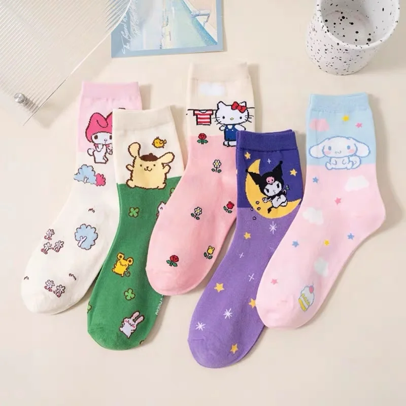 Hot Kawaii Sanrios Cotton Socks Anime KT Cat Kuromi Cinnamoroll Breathable Cartoon Socks Cute Girls Cotton Home Warm Sock