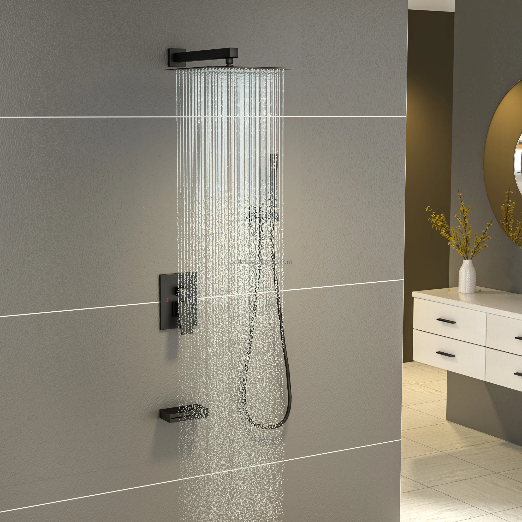 Black All Copper Square Flush Mounted Wall Shower Shower Set Three Function Embedded Shower Faucet