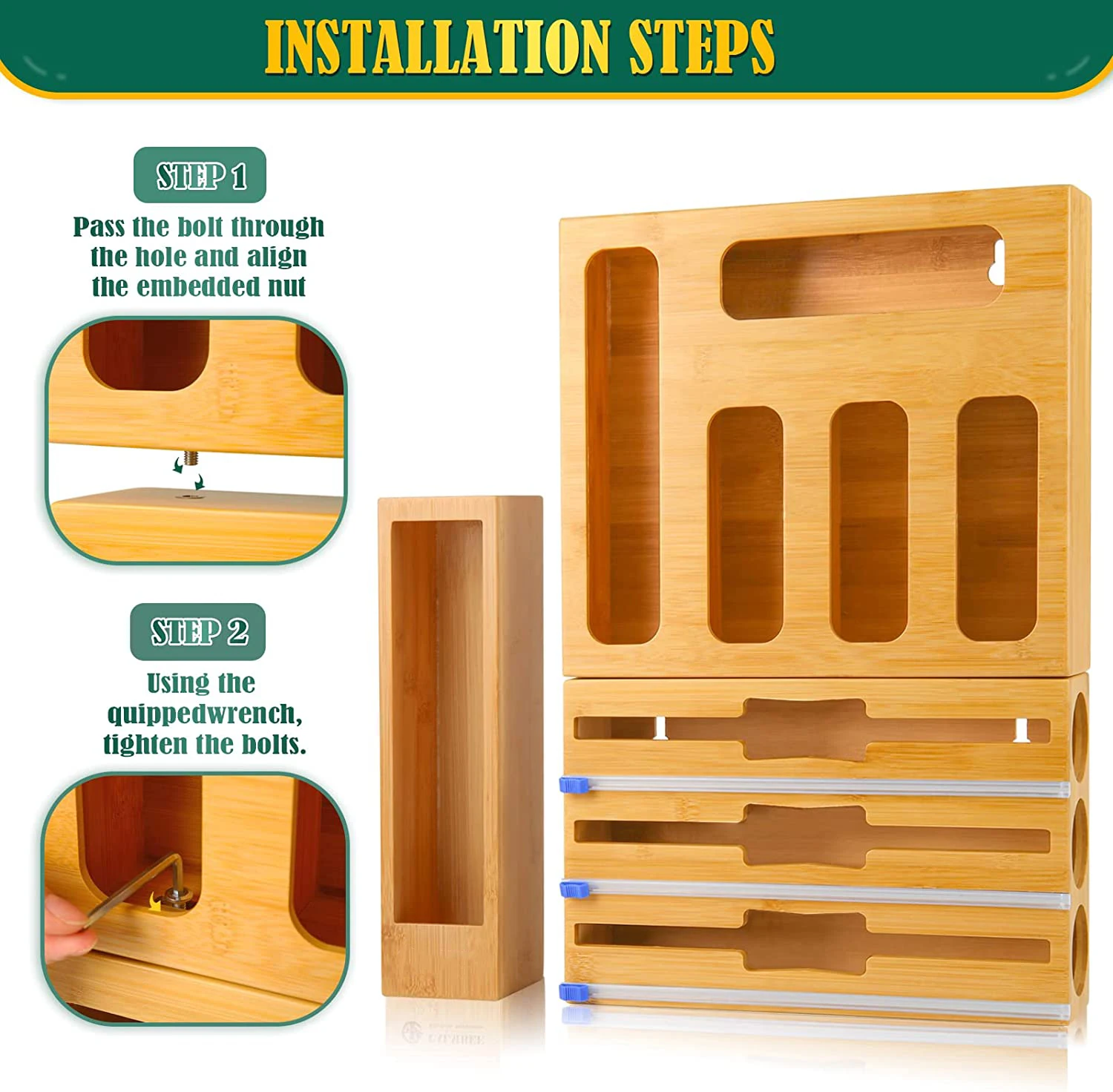 9 in 1 Bamboo Ziplock Bag Storage Organizer Foil and Plastic Wrap Organizer Dispenser With Cutter