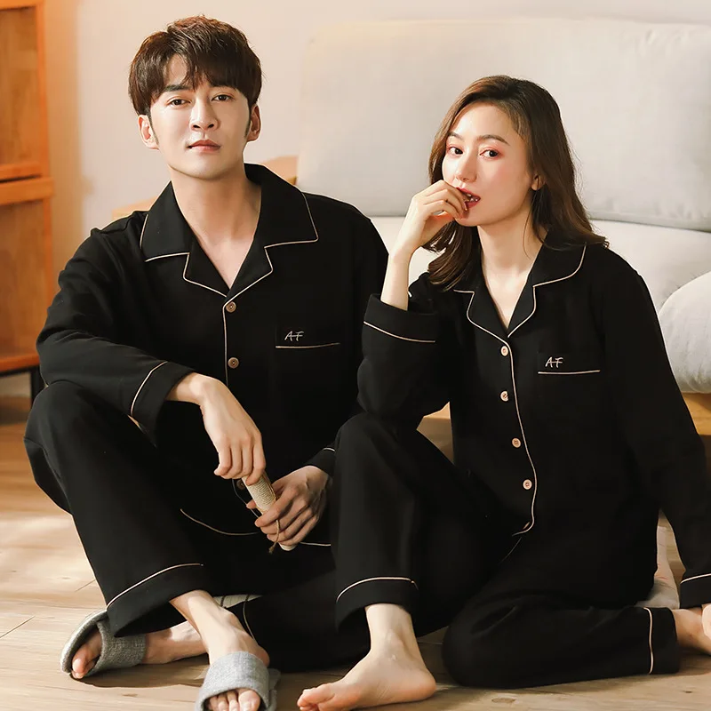 2021 Dropshipping Custom Logo Thin Lady Cotton Pajamas Couple Clothes Solid Long Sleeve Women Men Sleepwear