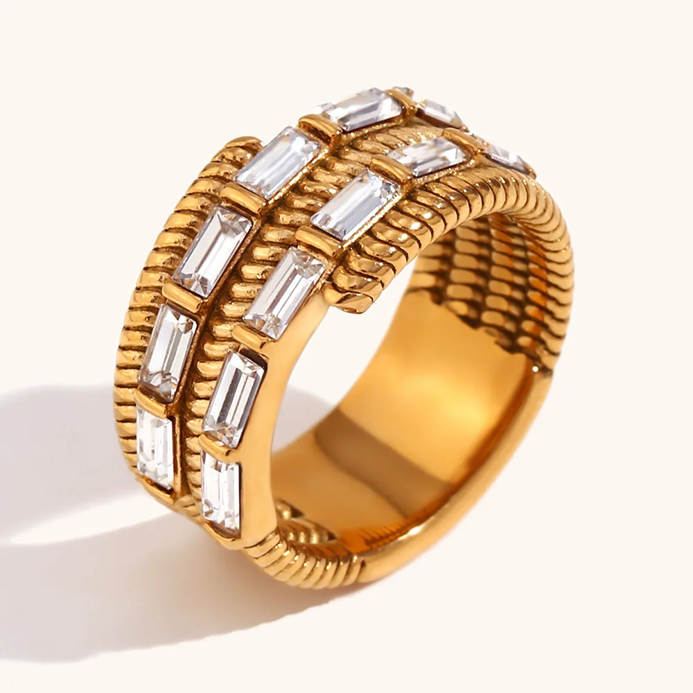 Multi-layered bamboo rectangular zircon snake ring stainless steel plated with 18K gold personalized simple ring jewelry