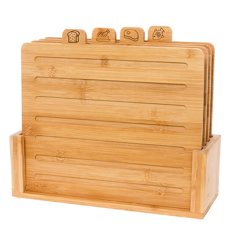 Kitchen holder Bread Meat Chicken and Fish Bamboo Index Cutting Board Set 4 Piece All Natural Wood Chopping Board with Stand
