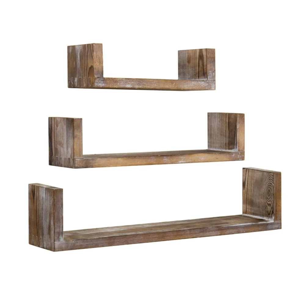 Wall Mounted Whitewashed Brown Wood U Shaped Floating Shelves