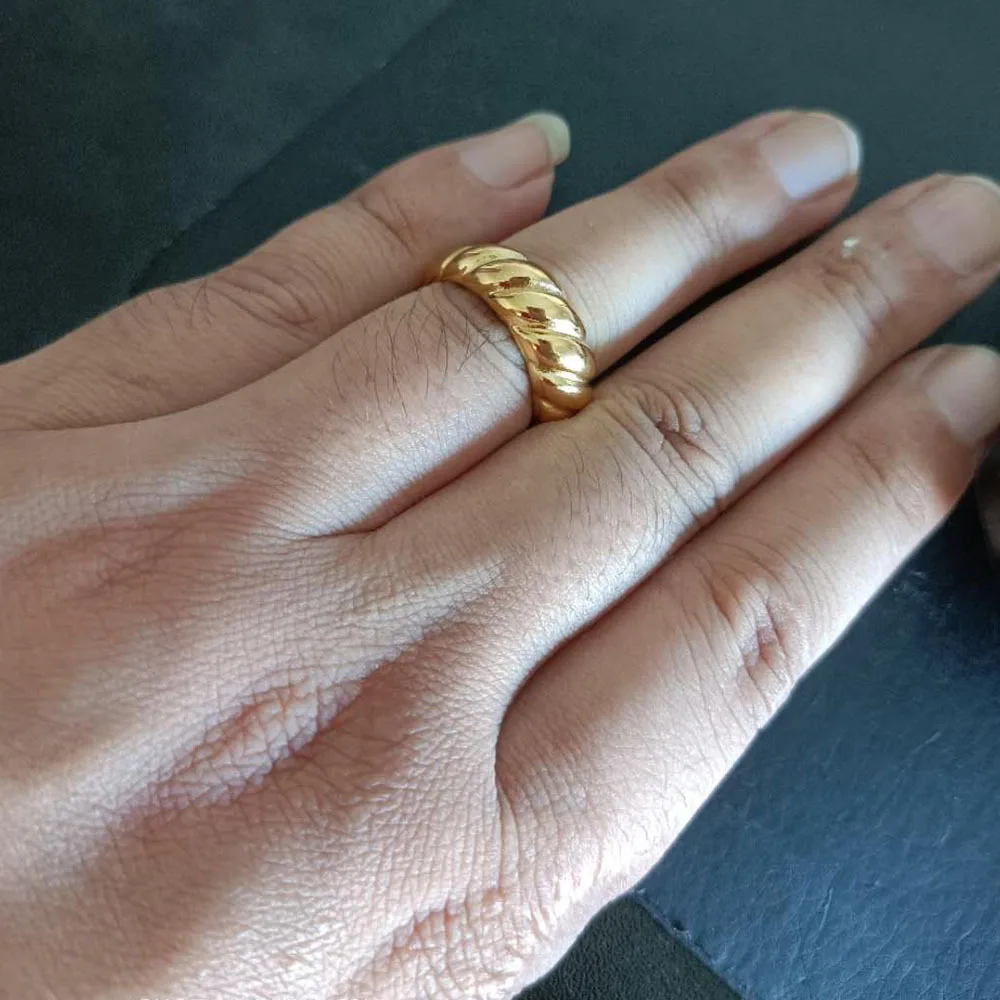  18K Gold Plated Stainless Steel Braided Twisted Rope Signet Chunky Dome Ring Stacking Band for Women Jewelry
