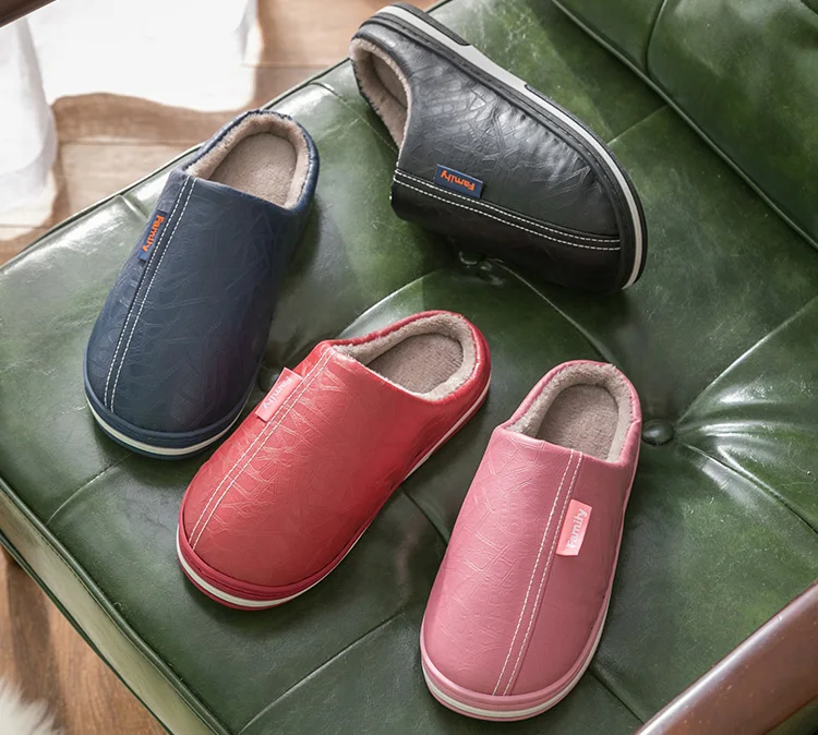 
Home slippers for men Large size Indoor slippers men PU Leather Waterproof Male slippers Winter Plush Warm 