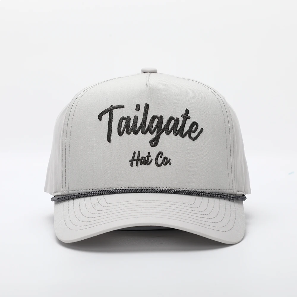 BSCI Factory Custom 5 Panel Grey Rope Hat,High Quality Embroidery Logo Curved Brim Quick Dry Nylon Snap Back Baseball Cap