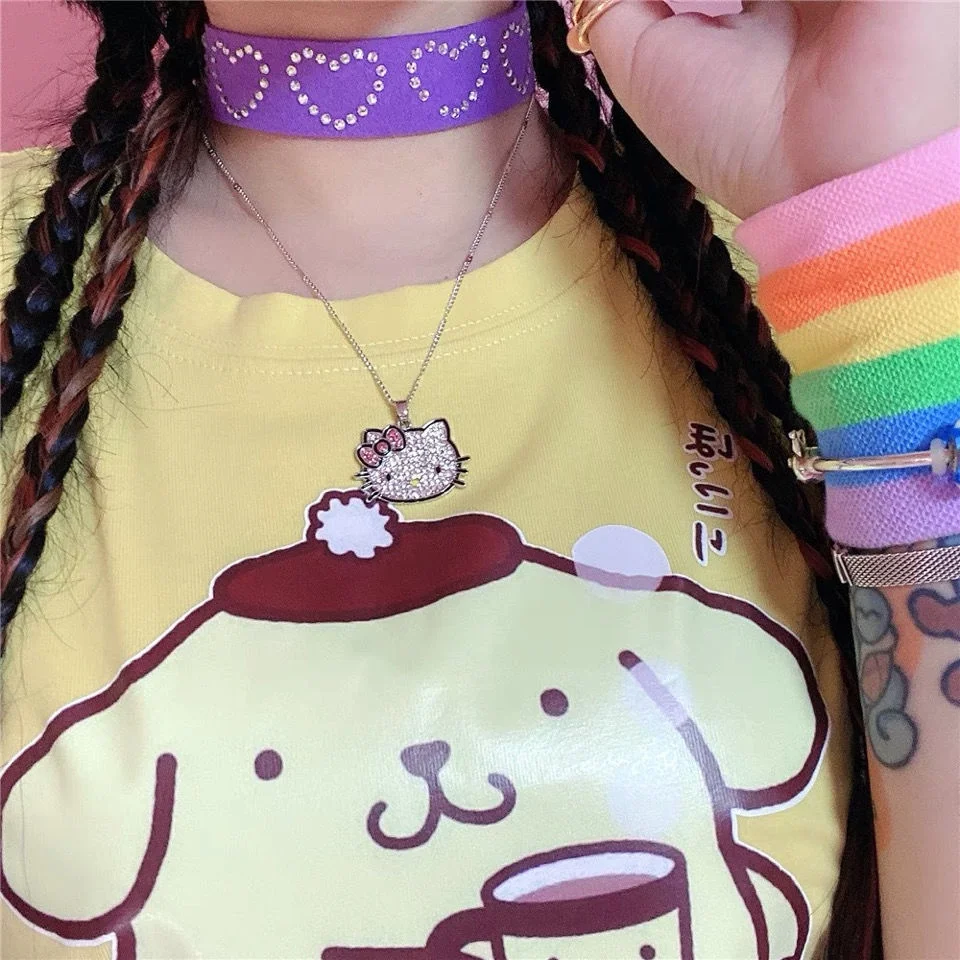 New Shiny Sanrio Hello Kitty Pendant Necklace for Women Exquisite Clavicle Chain Full of Diamonds Necklaces Jewelry Gift