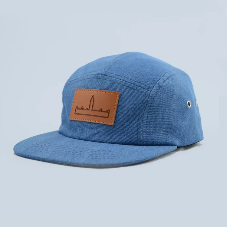Custom Leather Patch 5Panel 5 Five Panel Denim Camp Camping Camper Hat Cap With Leather Strap Back Leather Logo