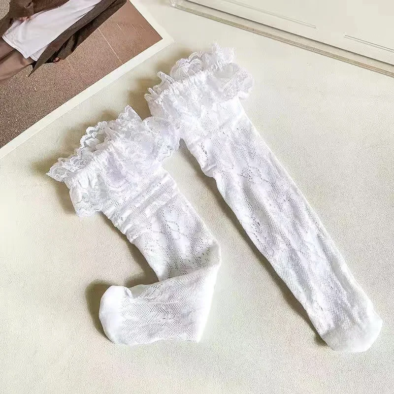 Free Size Hot Sale Thin Kids Stocking High Knee Socks White  Black Lace Mesh Children Wholesale Lolita Girls Mid-Tube Socks