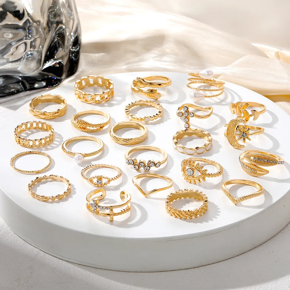 Hot diamond eye cross leaf ring multi-articular 23-piece pearl sun and moon ring