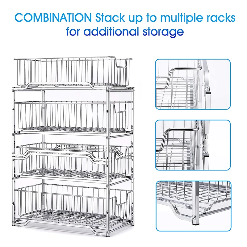 2 Tier Under Sink Storage Stable Basket Organizer with Sliding Storage Drawer for Kitchen Bathroom Pantry Cabinet