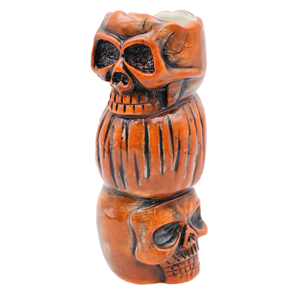 Высококачественная оранжевая керамическая кружка tiki с тремя сложенными черепами ручной работы на заказ